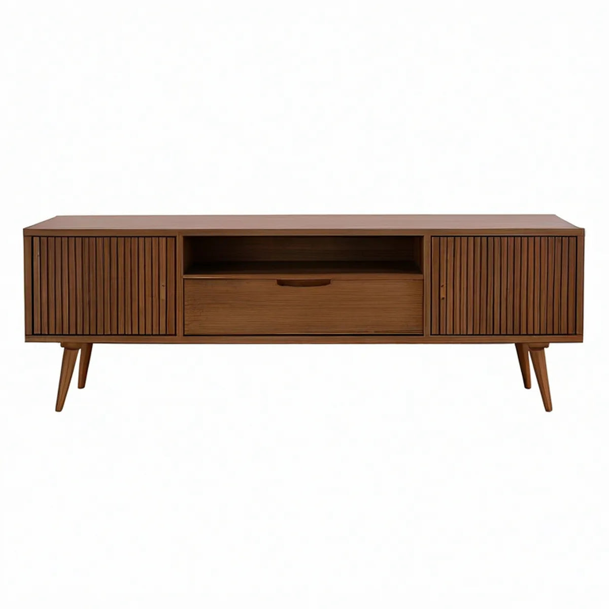 TV-bænk i valnøddebrun MDF med 2 låger, skuffe og åbent rum, 180 x 40 x 60 cm
