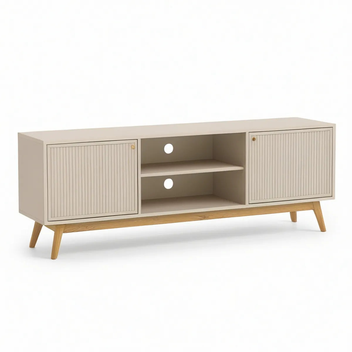TV-bænk i beige og naturfarvet træ med 2 låger og åbne rum, 140 x 40 x 60 cm